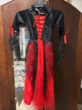Girls Black and Red Gothic Lace Costume Dress